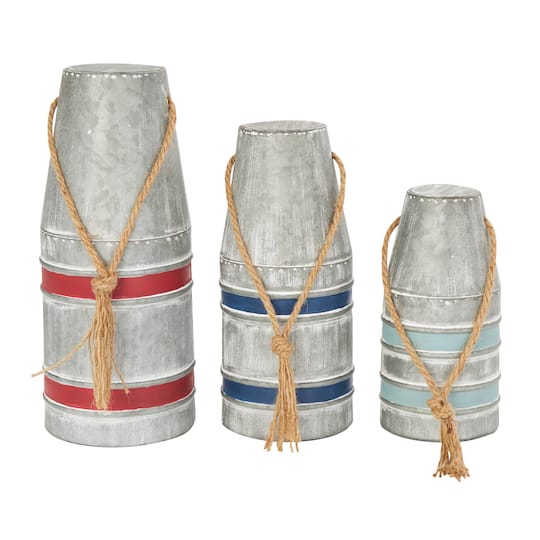 Gray Metal Buoy Striped Sculpture with Rope Handles Set